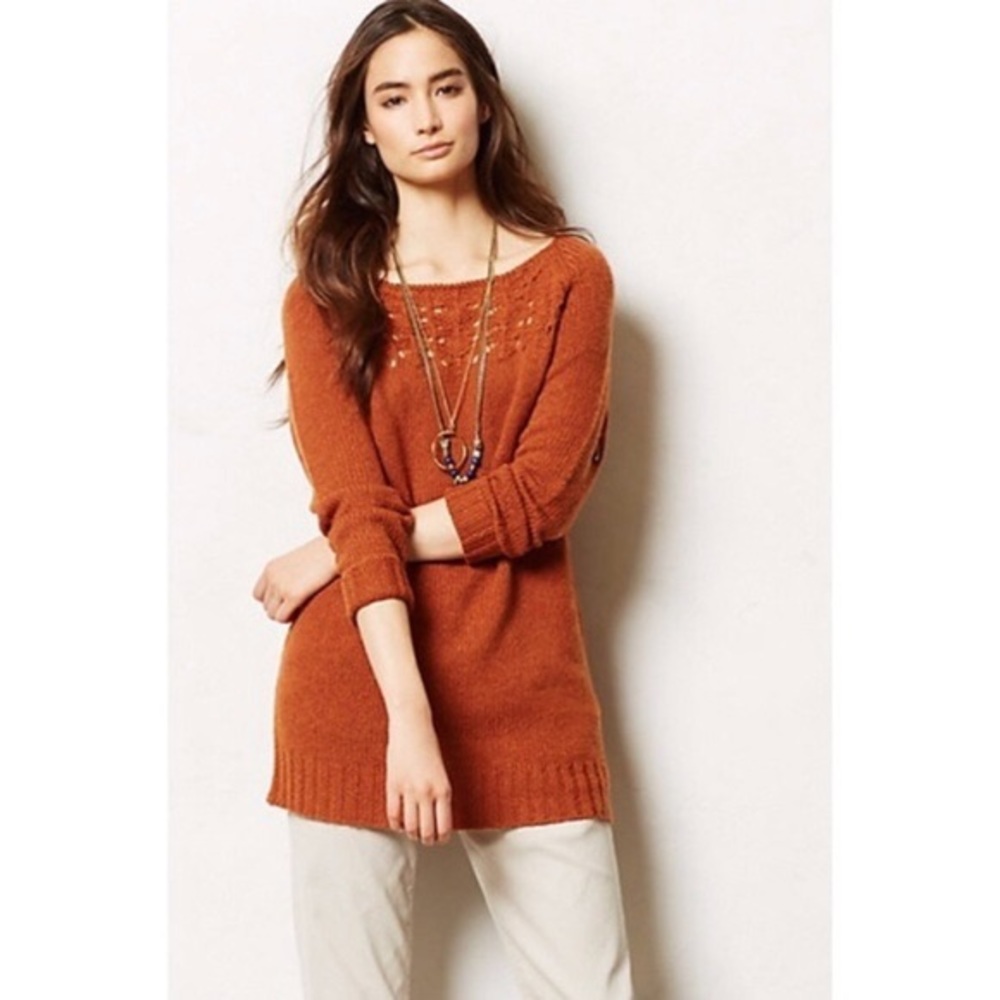 Anthropologie Moth Orange Alpaca Wool Blend Knit Crewneck Tunic Sweater